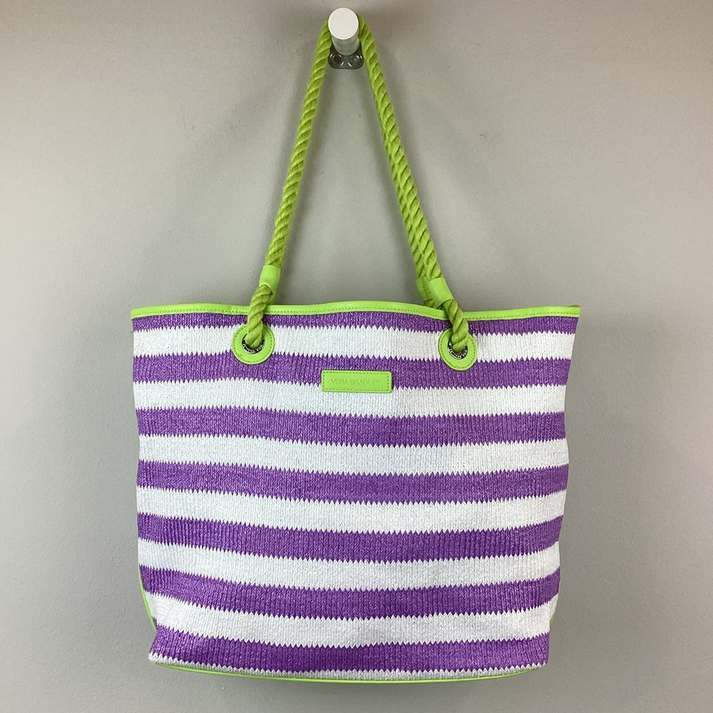 Vera Bradley Purple and White Striped Tote with Lime Trim